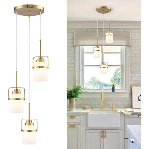 Brass 3-Light Pendant Lighting, Adjustable Cluster Hanging Light Fixture with Milk Glass Shade, Modern Pendant Light for Kitchen Island Dining Room Bar, 3-Light-Round Base