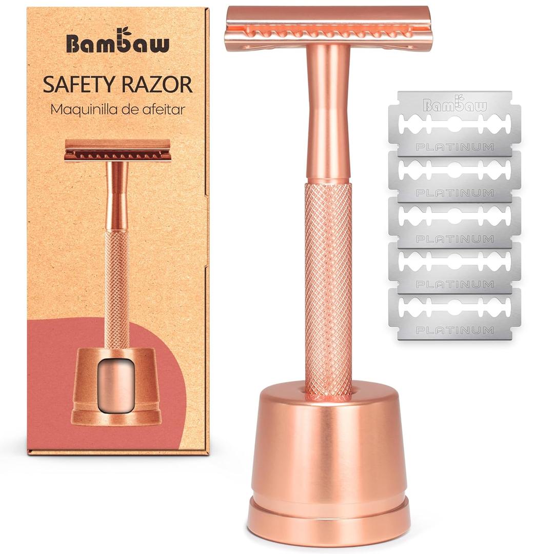 Bambaw Double Edge Safety Razor with Stand, Women Razor with 5 Double Edge Safety Razor Blades, Plastic Free Metal Razor  Rose Gold