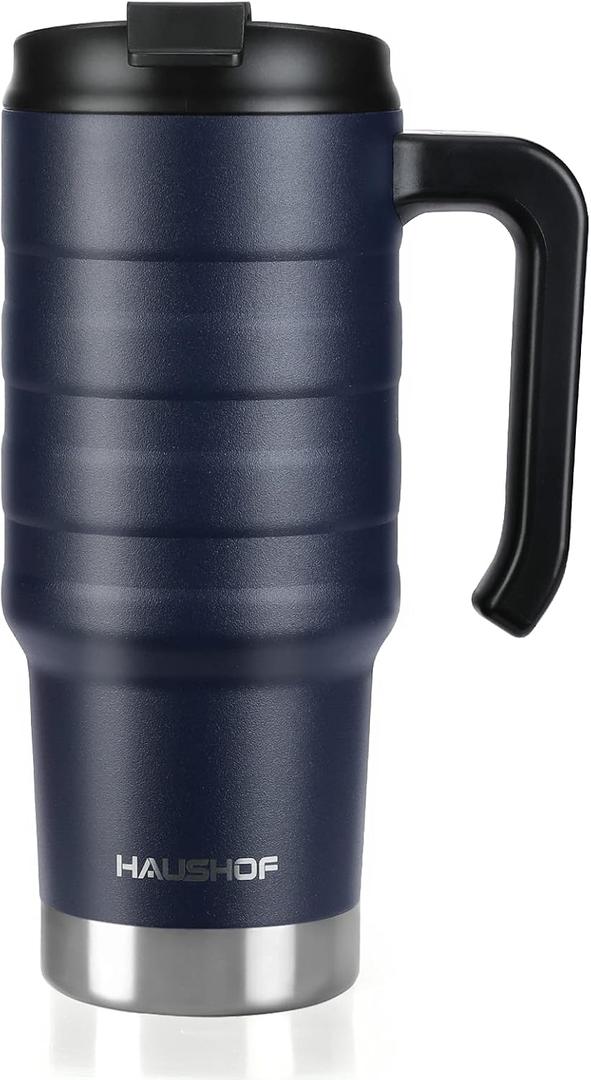 HAUSHOF 24 oz Travel Mug, Stainless Double Wall Vacuum Insulated Tumbler with Handle & Spill Proof Twist On Flip Lid and Wide Mouth, BPA Free (Navy Blue) (24 fluid ounces)