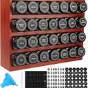 Bamboo Spice Rack Organizer with 28 Spice Jars, 780 Labels, 4 Tier Wood Hanging Shelf, Chalk Marker and Funnel Set for Drawer Cabinet Kitchen Countertop Wall Mount, Empty 4 oz Glass Jars-Cherry Stain