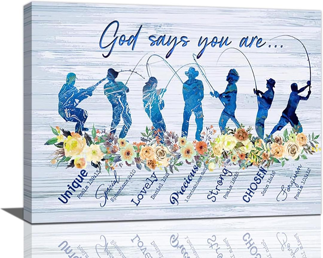 Fish Wall Art Nautical Fishing Lover Gift Wall Art Scripture Fish Pictures Motivational God Says You Are Picture Canvas Painting Prints Framed Fishing Theme Artwork for Cabin Home 16"x12"