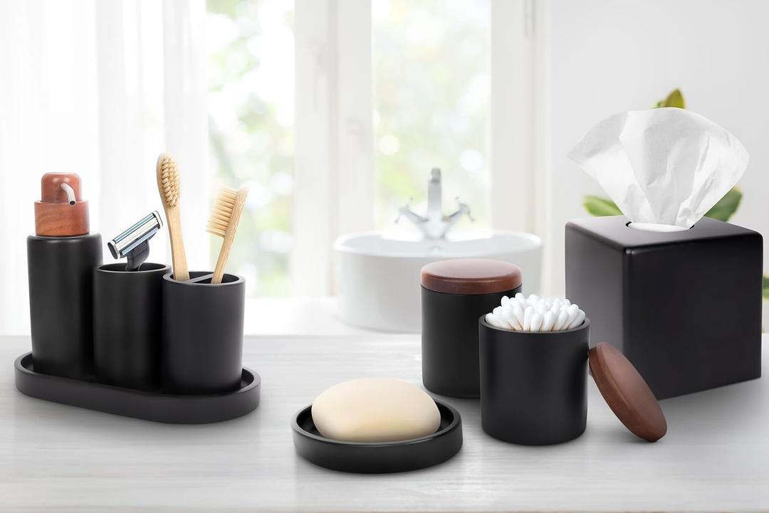 9-Piece Bathroom Accessories Set with Elegant Wood Lids Bathroom Soap Dispenser Tumbler Toothbrush Holder 2 Storage Jars Tumbler Tissue Box Cover Tray Soap Dish (Black)