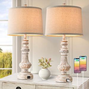 Tall Table Lamps Set of 2, 28 Vintage Table Lamps with Dual USB Ports, Resin Bedside Lamps with Rotary Switch, Nightstand Lamps with E26 Base, Desk Lamp with Fabric Shade for Living Room Bedroom