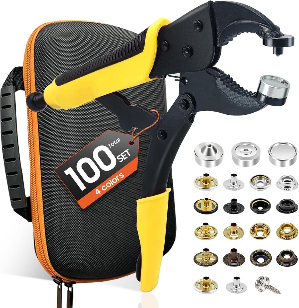 Heavy Duty Snap Fastener Tool kit, Punching Function, Snap Button Tool with Adjustable Setter, 15mm snap Tool with 100 Sets Boat Cover Snaps (Yellow)