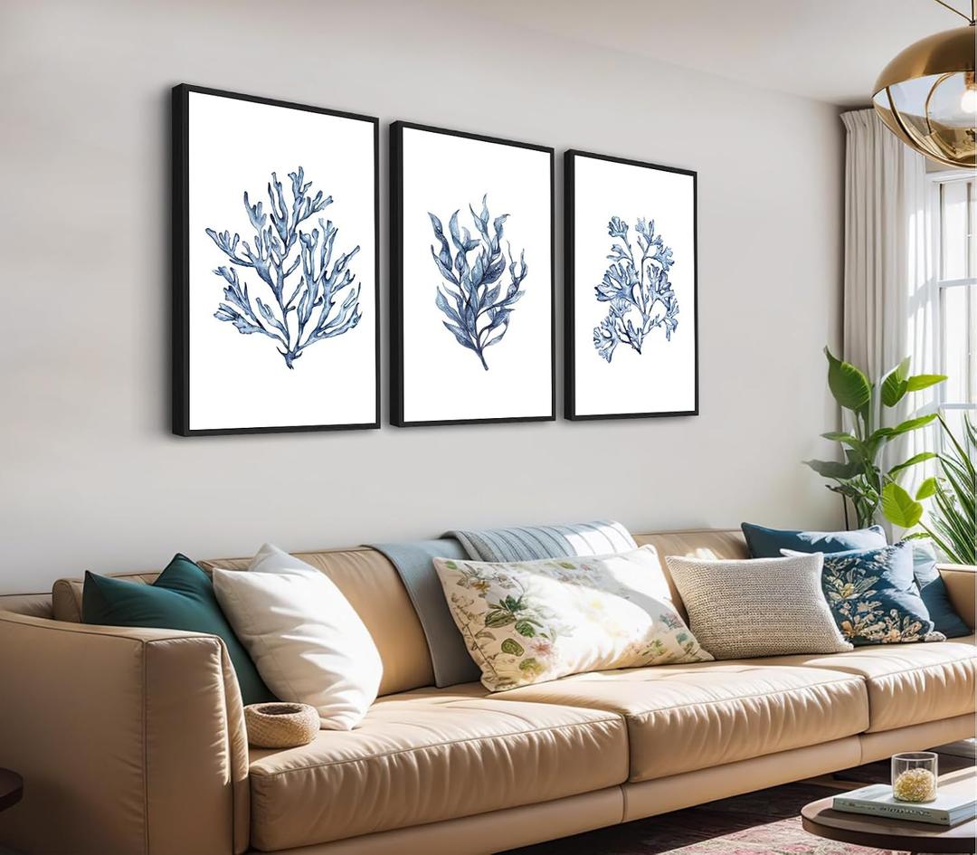 Large Framed Coral Wall Art, Navy Blue Coastal Ocean Life Prints, 24"x36"x3, 24" X 36" X 3pcs Framed