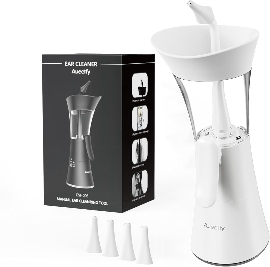 Manual Ear Wax Removal Kit - One-Hand Control Ear Cleaner Tool, Easy to Use Ear Irrigation Flushing System with Soft Silicone Tip for Effective & Safe to Clean Ear Built Up Wax Home Use(White)