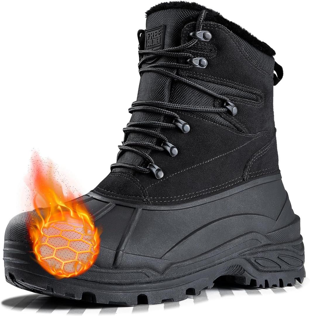 FREE SOLDIER Mens Snow Winter Boots for Men Warm Fleece Lining Winter Ski Shoes Waterproof Insulated Booties (10, Dark Black)