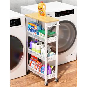 Utility Slim Storage Cart, 4 Tier Small Rolling Kitchen Laundry Room Cart with Wood Top, Metal Narrow Bathroom Storage Cabinet Mobile Shelf Unit Organizer Trolley with Handle for Narrow Space (7.1 inch wide, White)