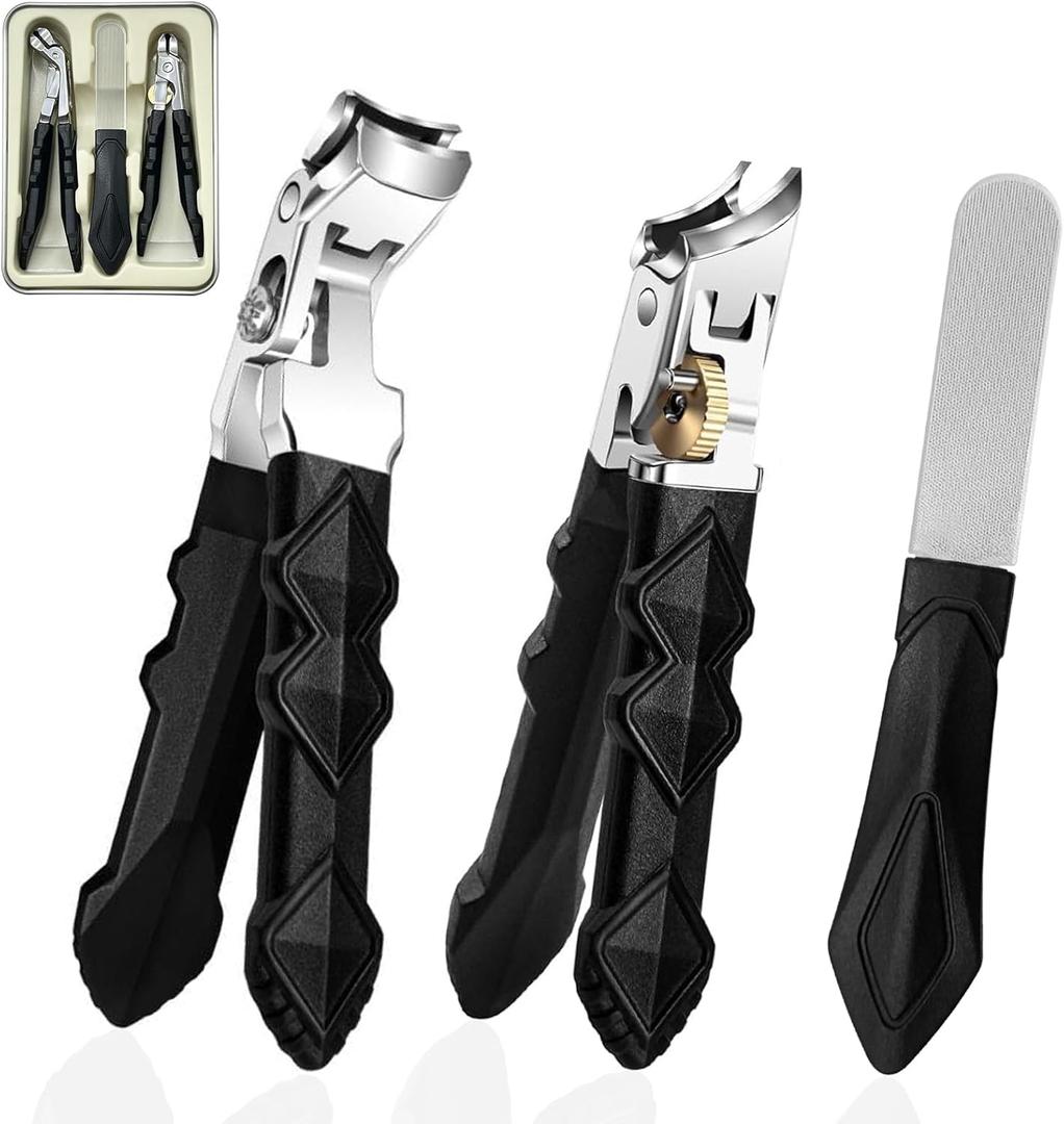 3pc Nail Clippers Set for Thick Toenails  Black Stainless Steel Slanted & Flat Clippers with Nail File, Wide Jaw Heavy Duty Anti-Splash Cutter for Seniors, Men and Women