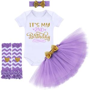 OBEEII Baby Girl 1/2 1st 2nd Birthday Outfit Short Sleeve Romper Tutu Skirt Headband Leg Warmers Set Cake Smash Photoshoot (2T, Lilac 2nd Birthday)