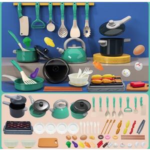 61-Piece Kids Play Food Kitchen Set, Pretend Cooking Toys with Pots, Pans, Utensils, Montessori Learning Gift for Toddlers