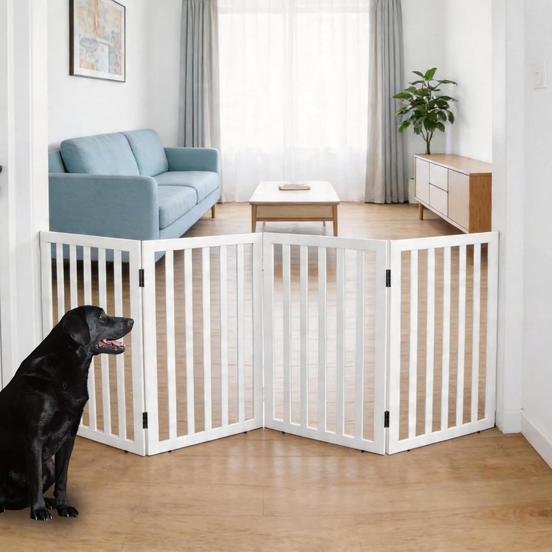 Dog Gate Indoor, Freestanding Dog Fence for The House, Doorways, Hallways or Stairs, Pet Gate Foldable Wooden, Expandable 32" Height 4 Panels, White, Size: 【4 Panels】80‘’w x 32''h