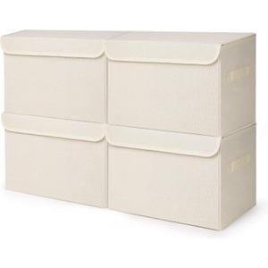 Bagnizer Large 22 Quart [4-Pack] Linen Fabric Foldable Storage Bin Cube Organizer Basket with Flip-Top Lid & Handles, Clothes Blanket Box for Home, Office, Closet (14.6 x 9.5 x 9.5, Beige)