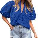 BETTE BOUTIK Women's Long Short Sleeve Tops 2025 Dressy Casual Button Hollow Out Lace Embroidered Blouses Shirts (Blue, XL)
