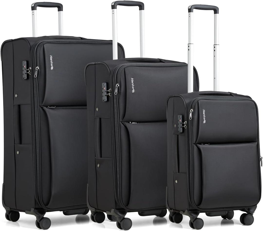 Hanke 3 Piece Luggage Sets Softside Expandable Carry On Luggage Set Travel Suitcase Sets with Spinner Wheels TSA Approved Luggage(Black, 20in/24in/28in), 3 Pc Set