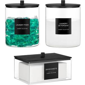 Glass Jars and Acrylic Dryer Sheet Holder, Laundry Pods Container with Bamboo Lid and 27 Labels, Powder Detergent Containers for Laundry Room Organization, Storage Jars Set (3 Pack, Black)