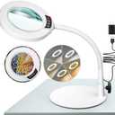 Krstlv 10X Magnifying Glass with Light and Stand, 5 Color Modes Stepless Dimmable LED Lighted Desk Lamp, Hands Free Flexible Gooseneck Magnifier with Light for Craft Hobby Painting Close Work - White (Missing Lamp)