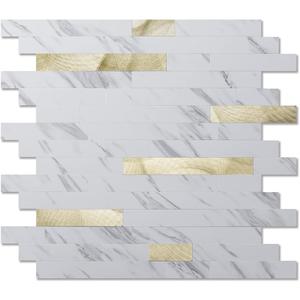Art3d 10-Sheet Peel and Stick Backsplash Tile for Kitchen Bathroom Fireplace Laundry Room in White Slate with Gold Studded (13.4" x 11.8")
