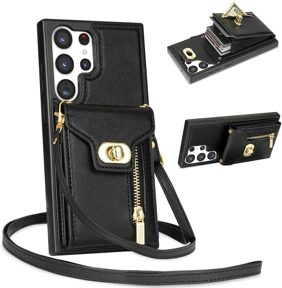 Crossbody Wallet Case for Samsung Galaxy S24 Ultra, Flip Leather Purse Case with Card Holder, Protective Handbag Women Phone Cover with Zipper Long Strap for Samsung S24 Ultra, Black