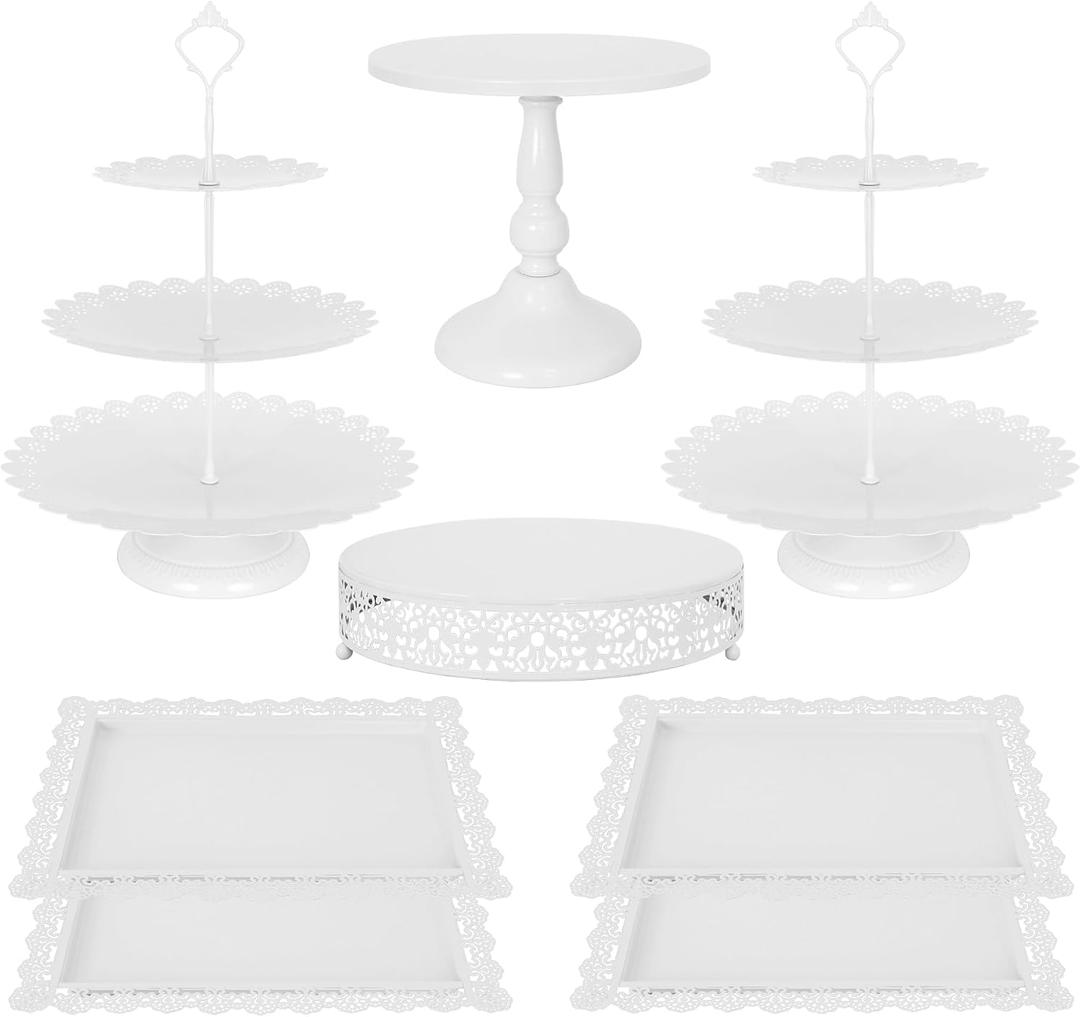 Fivenl 8 Pcs Cake Stand White Metal Dessert Table Display Set, 3-Tier Cupcake Stand, Cake Display Tower and Cookie Tray Rack Serving Tray for Birthday Party, Weddings, Baby Shower (White)