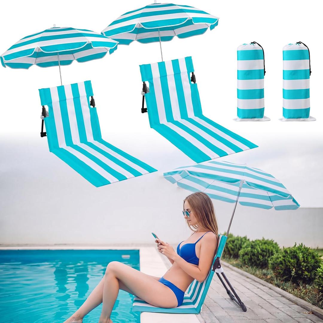 Briwooody 2 Set Foldable Poolside Chairs with Umbrella Portable Beach Folding Poolside Chair for Adults Traveling Camping Picnic Lawn Accessories, Light Blue Stripe