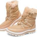 BABUDOG Women's Warm Fur Lined Mid-Calf Boots Waterproof Winter Snow Boots Non-slip Lace up Combat Boots (9.5, Apricot)