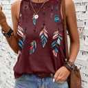 SHEWIN Womens Feather Print Graphic Tank Tops Crewneck Sleeveless Loose Fit Summer Tops (L)