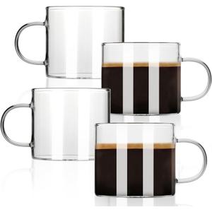 Espresso Cups Set of 4, 5 oz Small Shot Glasses with Handle, Clear Demitasse Mugs for Double Espresso or Tea, Coffee Machine Accessories