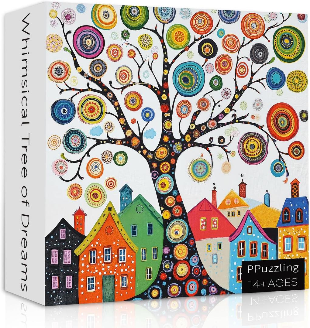 Colorful Tree of Life Puzzles for Adults 1000 Pieces, Fantasy Village House Scene Art Jigsaw Puzzle, Fun Challenging Tree Theme as Home Wall Decor