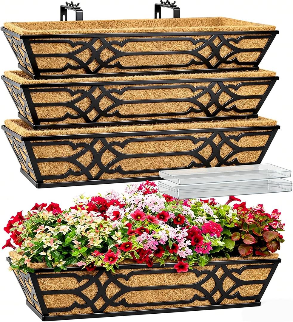 4 Pack 24 Inch Window Boxes Planters with PET Tray and Coco Liner, Metal Railing Planter Boxes for Outdoor Plants, Heavy Duty Hanging Garden Trough for Porch Deck Railing and Backyard Fence