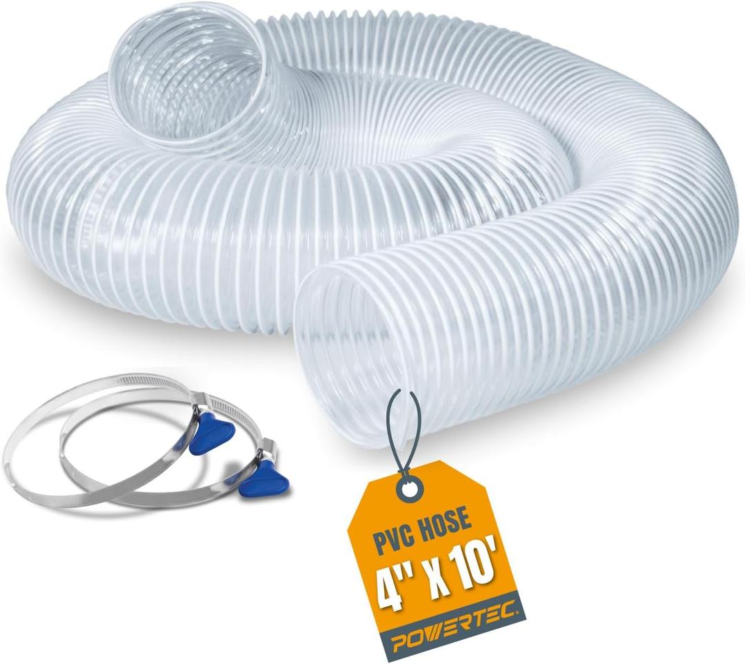 POWERTEC 4" x 10' Flexible PVC Dust Collection Hose with 2pcs Stainless Steel Key Hose Clamps for Table Saw, Band Saw, Planer, Jointer, Woodworking and Garage, WoodShop Dust Collection System