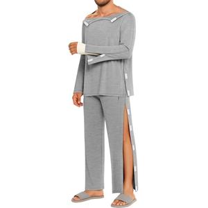 August Alley Men Full Tear Away Suit Set 2 Pcs Open Post Shoulder Shirt invalid Pants Recovery Pajama Fracture Care Bedridden(Gray,Large)