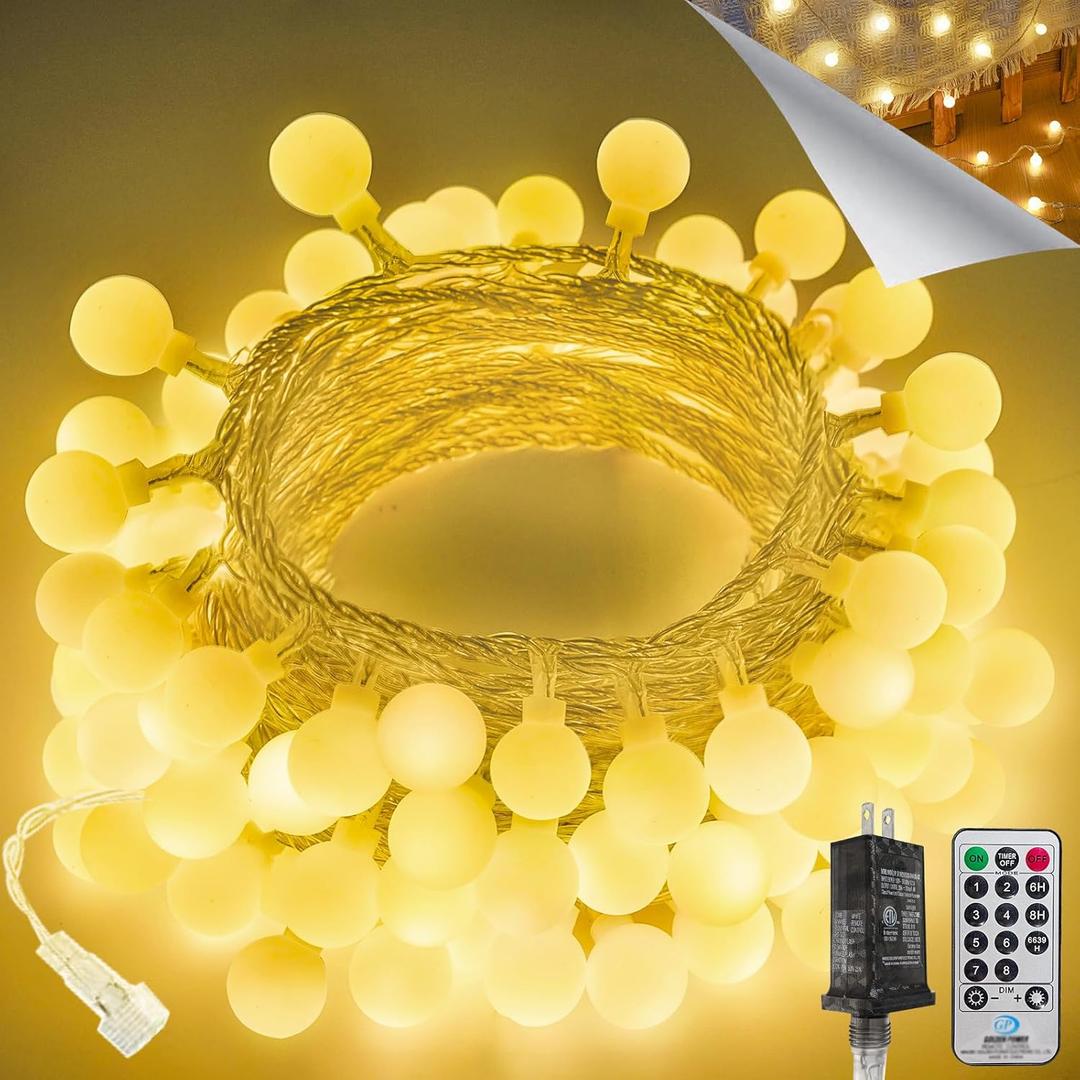 LORRYTE Connectable 43FT 100LED Globe String Lights | 8 Modes Warm White String Lights Plug in with Remote | Hanging Fairy Light for Indoor Outdoor Bedroom Party Classroom Christmas Tree Decor, Warm White, 1 Pack(100 LED with Remote)