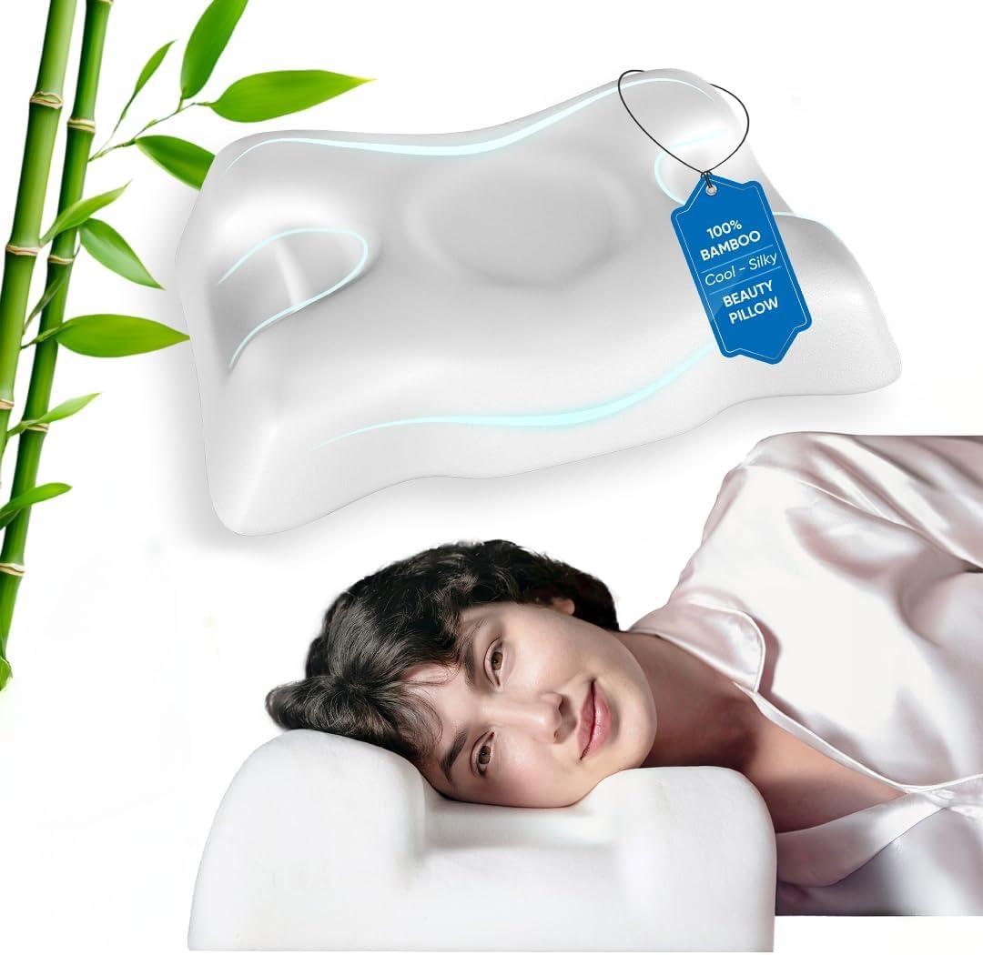Flawless Face Beauty Pillow - Anti-Aging & Anti Wrinkle Memory Foam Neck Pillow - Cervical Pillow for Neck and Shoulder Pain Relief with 100% Bamboo Pillowcase - Perfect for Back and Side Sleepers