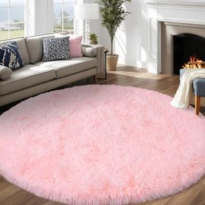 Round Pink Rug for Bedroom Girls, Soft Fluffy 7ft Circle Area Rugs for Living Room, Large Fuzzy Shag Rug for Kids Nursery Dorm Home Decor