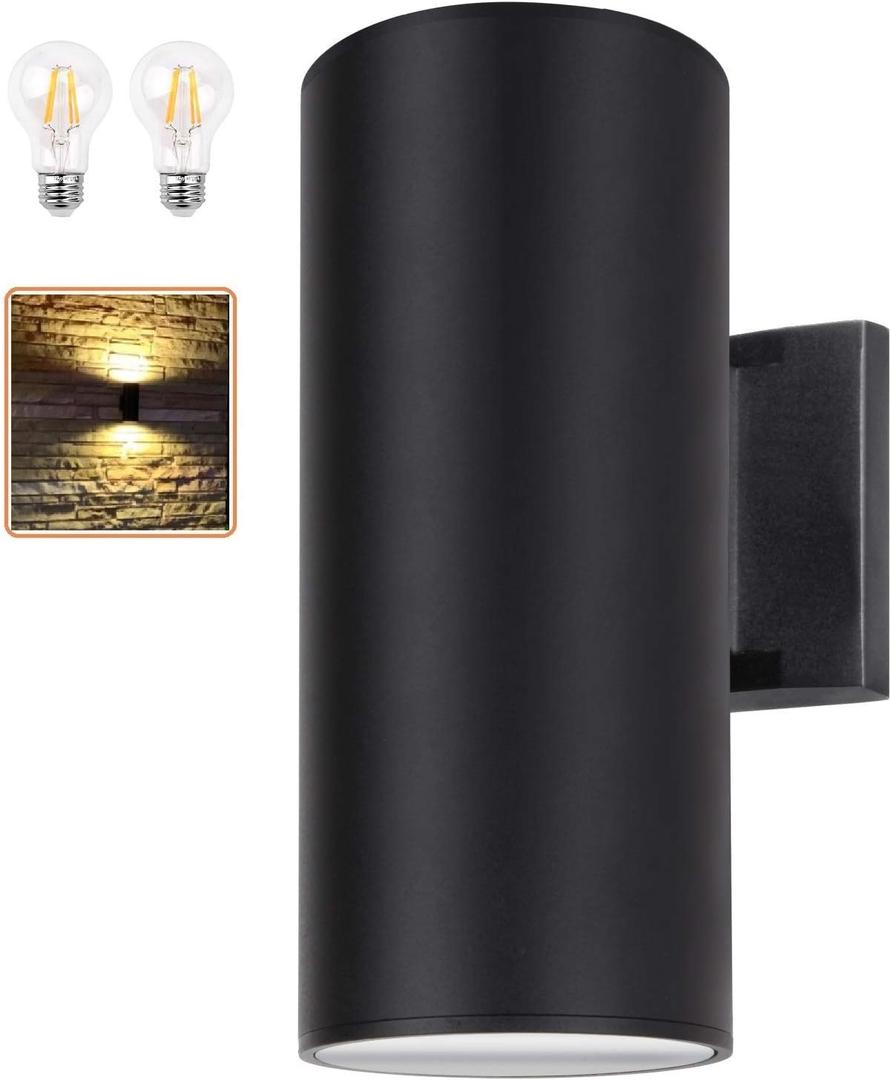 Outdoor Wall Light, Exterior Lighting - ETL Listed, 2 Light Bulbs Included, Aluminum Waterproof Wall Mount Cylinder Design - Up Down Light Fixture for Porch, Backyard and Patio