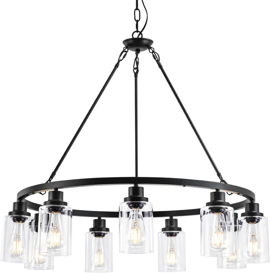 9-Light 32" Modern Farmhouse Chandeliers for Dining Room,Wagon Wheel Black Chandelier,Adjustable Height Hanging Round Pendant Lights for Kitchen Island Clear Glass Shade Ceiling Light fixtures