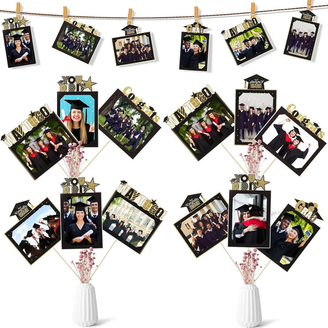 Leinuosen 24 Pieces 2026 Graduation Party Decorations Photo Display Centerpiece Sticks Photo Table Toppers for Congrats Grad Party Supplies High School College DIY Gifts(Black, Gold)