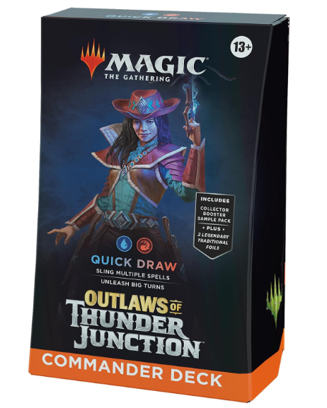Magic: The Gathering Outlaws of Thunder Junction Commander Deck - Quick Draw (100-Card Deck, 2-Card Collector Booster Sample Pack + Accessories), Blue Red