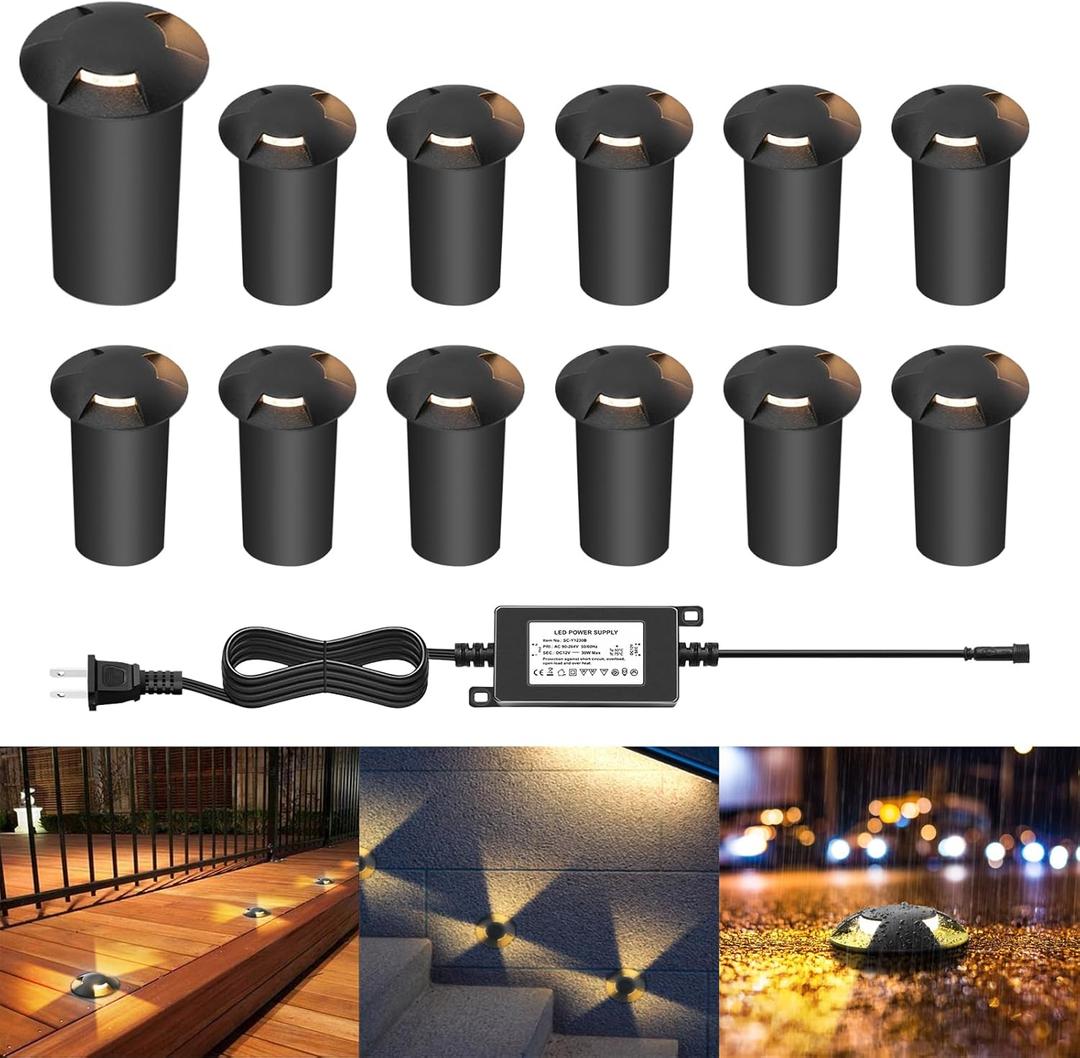 LED Outdoor In Ground Lights with Protecting Shell, Warm White 2.36in Low Voltage 12V DC IP67 Waterproof, Electric Wired Recessed Landscape Well Lighting for Outside Yard Floor, 12 Pack Black