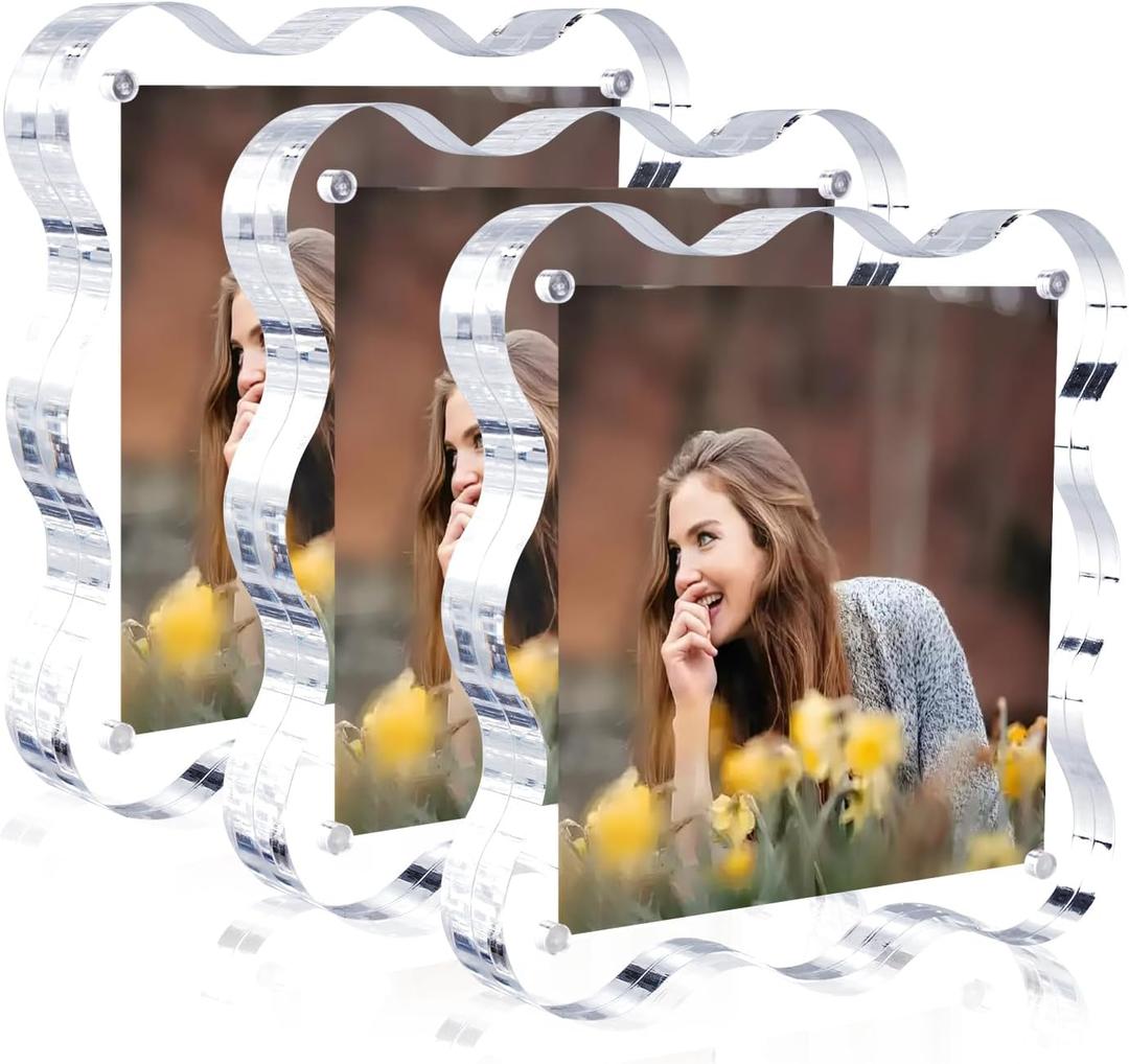 HAISEN. 3 Pack Clear Magnetic Picture Frames,55 inch Acrylic Picture Frames,10+10mm Thick Block, Double Sided Clear Scalloped Frames for Desktop Display (3 Pack, 5X5)