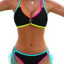 Fayenne Womens Bikini Sets Color Block Metal Ring Cutout Two Piece Swimsuit V Neck Crisscross Tie Back Cheeky Bathing Suit (Black, L)