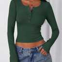 2 x PRETTYGARDEN Women's 2025 Summer Long Sleeve Henley T Shirts Ribbed Knit Button Slim Fitted Basic Casual Going Out Fall Tops (Green, XL)