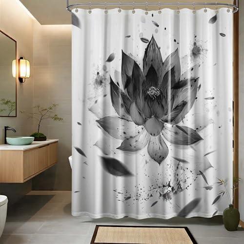 Yieldeer Black and White Lotus Shower Curtain, Black Grey Ink Floral Shower Curtains for Bathroom Decor Set, Waterproof Fabric with Hooks 70 x 72 Inches