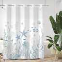 Nautical No Hook Shower Curtain with Liner Beach Coastal Shower Curtain with Snap in Liner Set Ocean Coral Starfish Bath Curtains Fabric Double Layers Washable 71x74 Inch (Blue and White)
