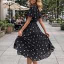 Summer Dresses for Women 2026 Floral Chiffon Dress Casual Short Sleeve Empire Waist Midi Dress Beach Vacation Outfits (Black, M)