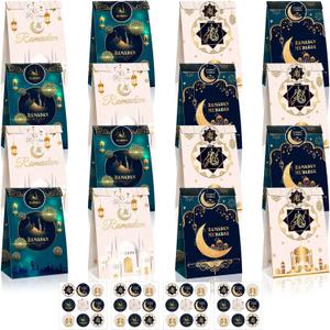 Tinlade 24 Pcs Eid Mubarak Party Favor Bags with Stickers 4 Styles Goodie Candy Paper Ramadan Treat Bags Party Favor Muslim Ramadan Gift for Eid Supplies Decoration