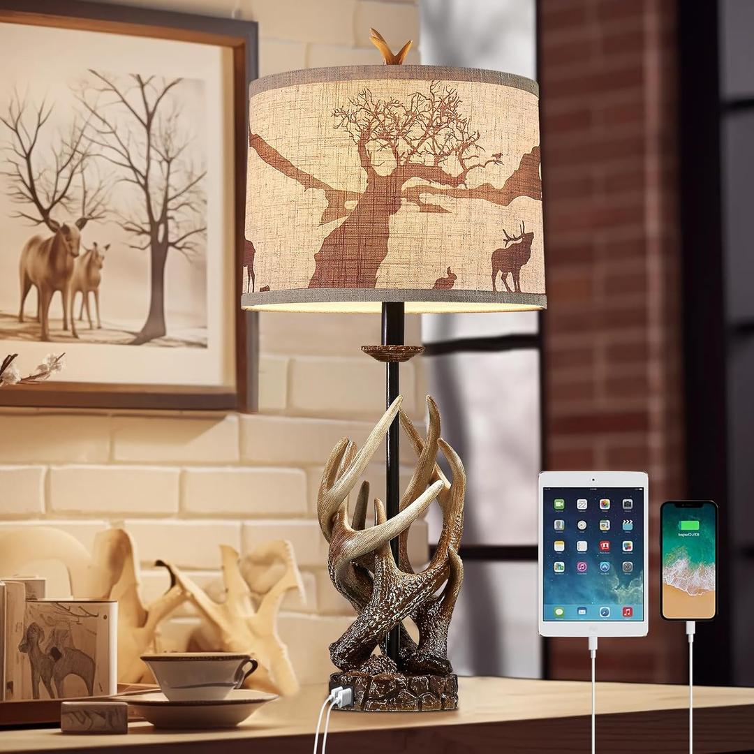 Rustic Deer Antler Table Lamp for Living Room End Tables Farmhouse Cabin Lamps with USB A + C Charging Ports 28" Tall Western Country Bedroom Lamps for Nightstand, Single, Bulb Not Included