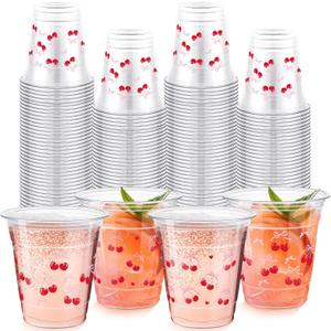 Dandat 100 Count Cherry Bow Plastic Cups Pink Coquette 10 oz Disposable Clear Cold Beverage Drinking Cups for Girls Women Red Cherry Pink Bows Birthday Baby Shower Bachelorette Weddings Party Supplies