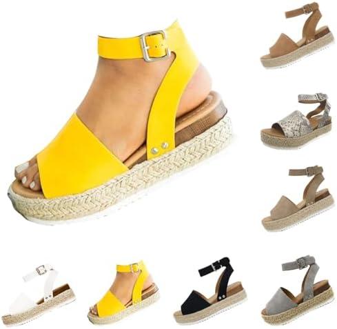 DevilAngel Women's Topic Open Toe Buckle Ankle Strap Espadrilles Flatform Synthetic Summer Casual Wedges Sandals (9, Yellow)